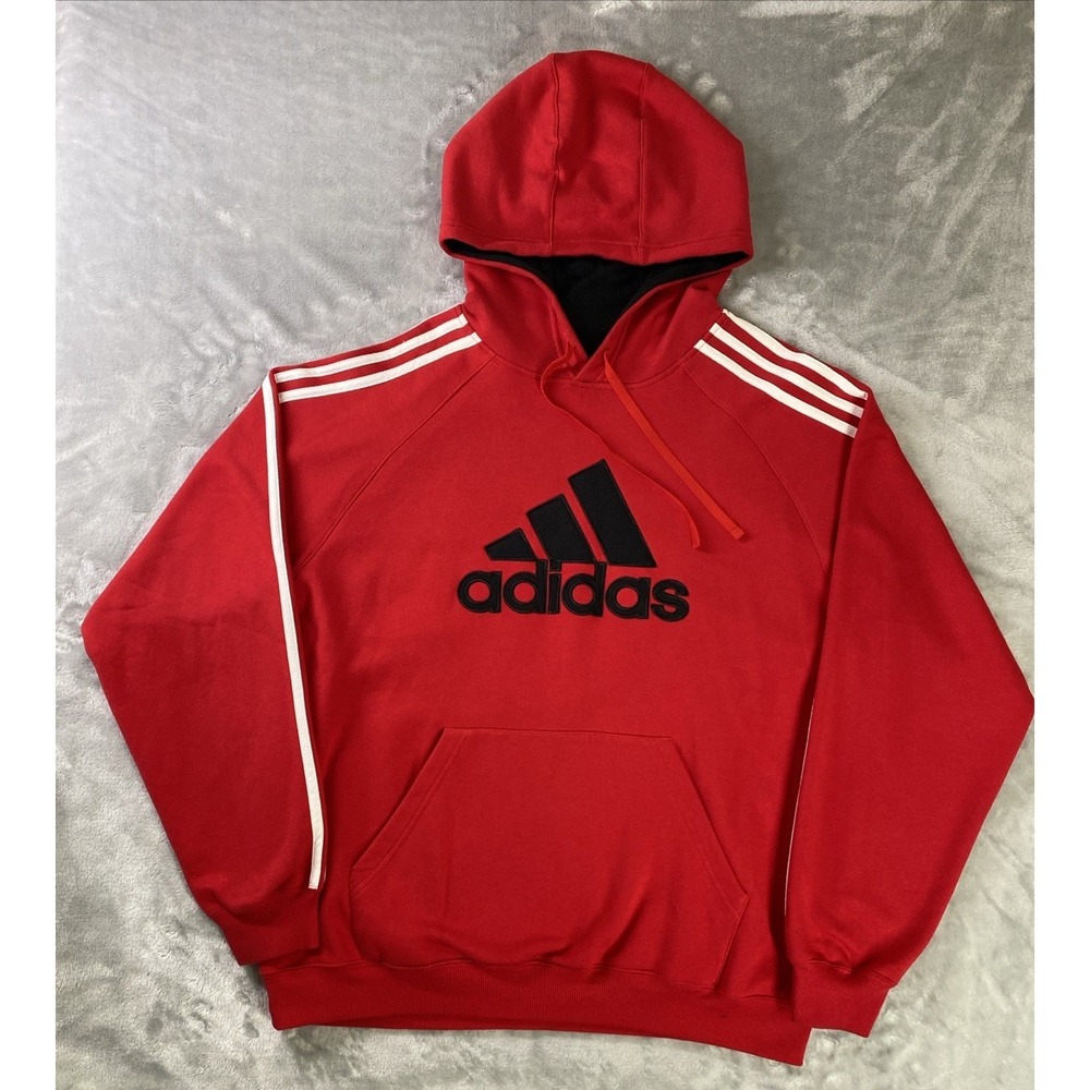 Adidas Performance Fleece Hoodie Mens XL Red Embroidered Big Logo 3 Stripe Hood